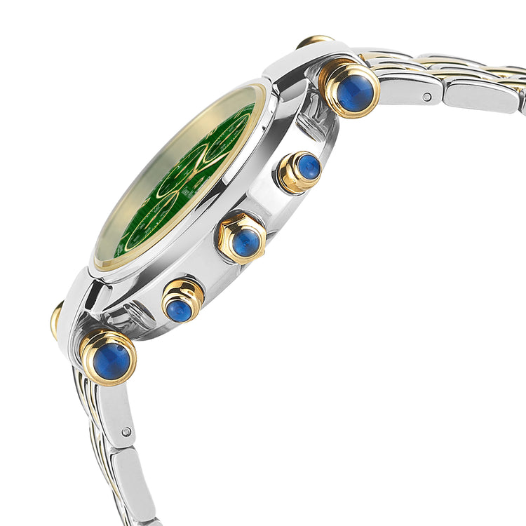 LUCIA-931 side view (Two Tone/Green) women's watch w blue cabochons crown button