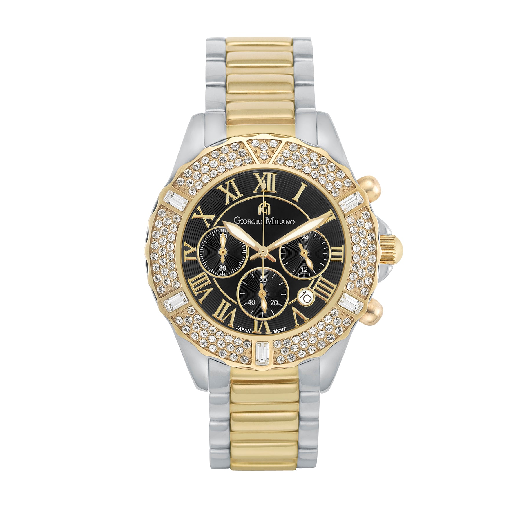PAULINA - 738 elegant evening womens chronograph black dial gold accents silver watch body link bracelet