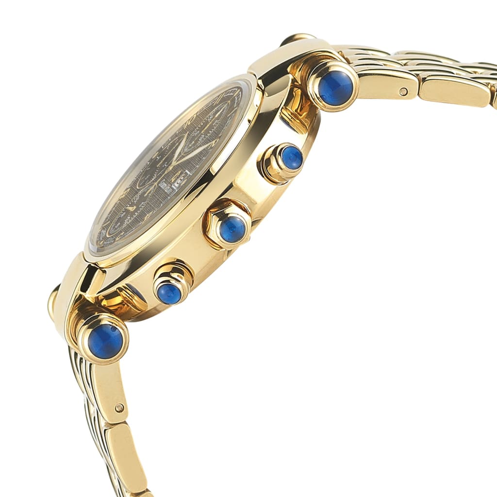 LUCIA-931 side detail gold womens crown button blue cabochon accents black dial