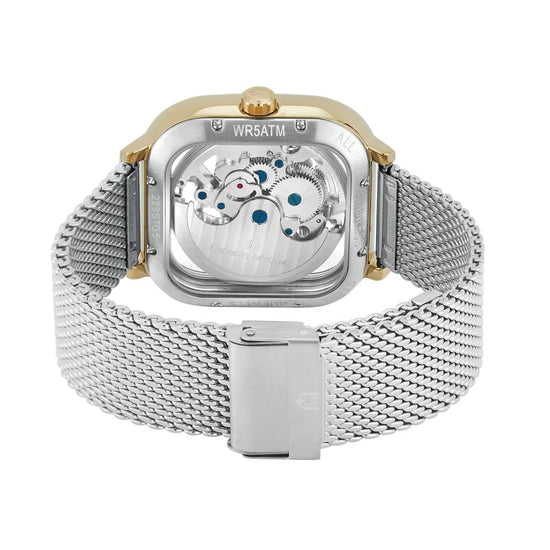 ALFEO - 229 two tone gold square watch body silver mesh band safety clasp rear exhibition window self winding watch