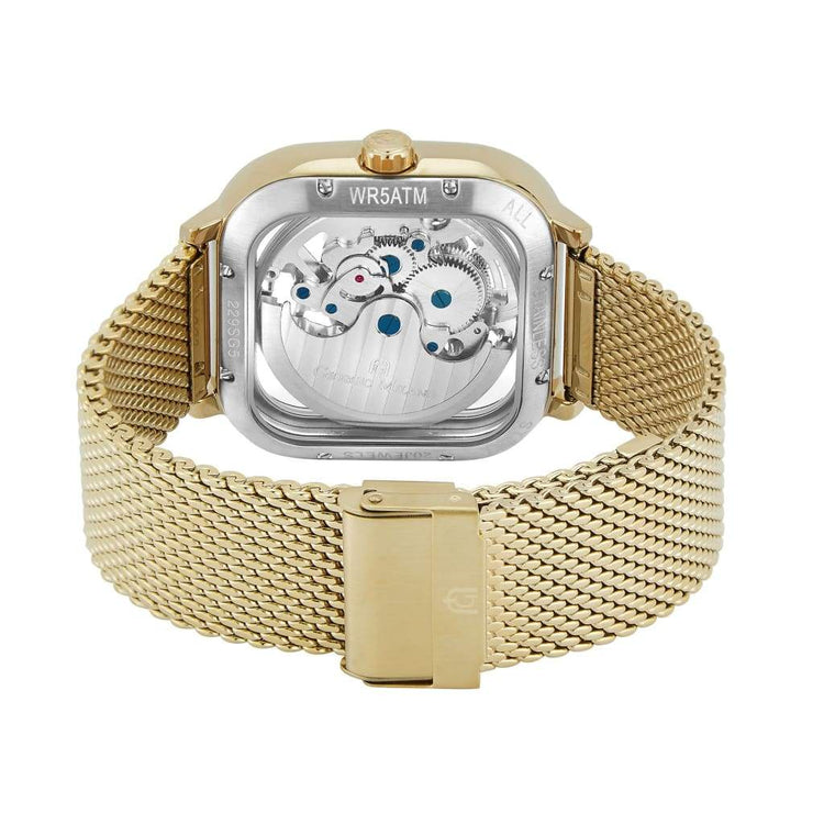 ALFEO - 229 square mens skeleton watch rear case view exhibition window gold mesh band