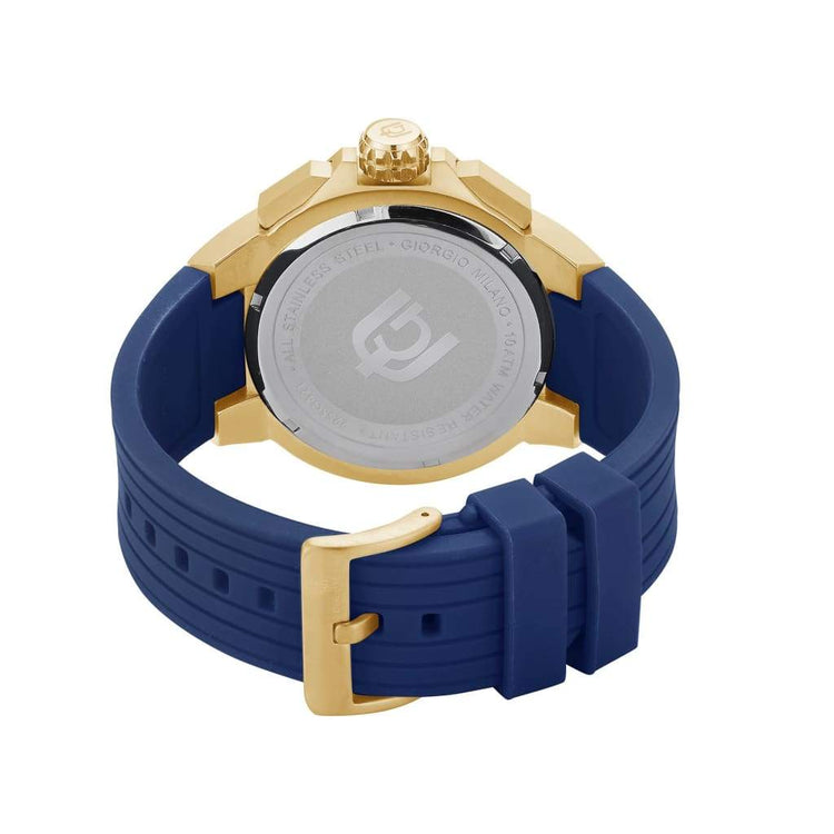 ANTONIO - 225 rear view ss case w imprint gold watch body and buckle blue silicon strap