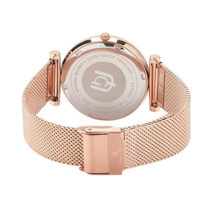 CAMILLA - 212 rear view ss case rose gold body and mesh band w safety clasp