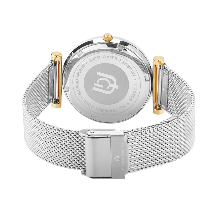CAMILLA - 212 Women’s Watch rear view ss case w imprint silver mesh band w gold accents safety clasp
