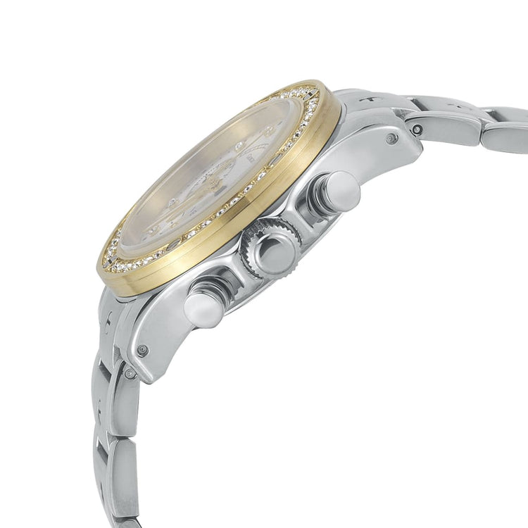 CLARA - 814 silver watch body gold bezel side detail silver crown button