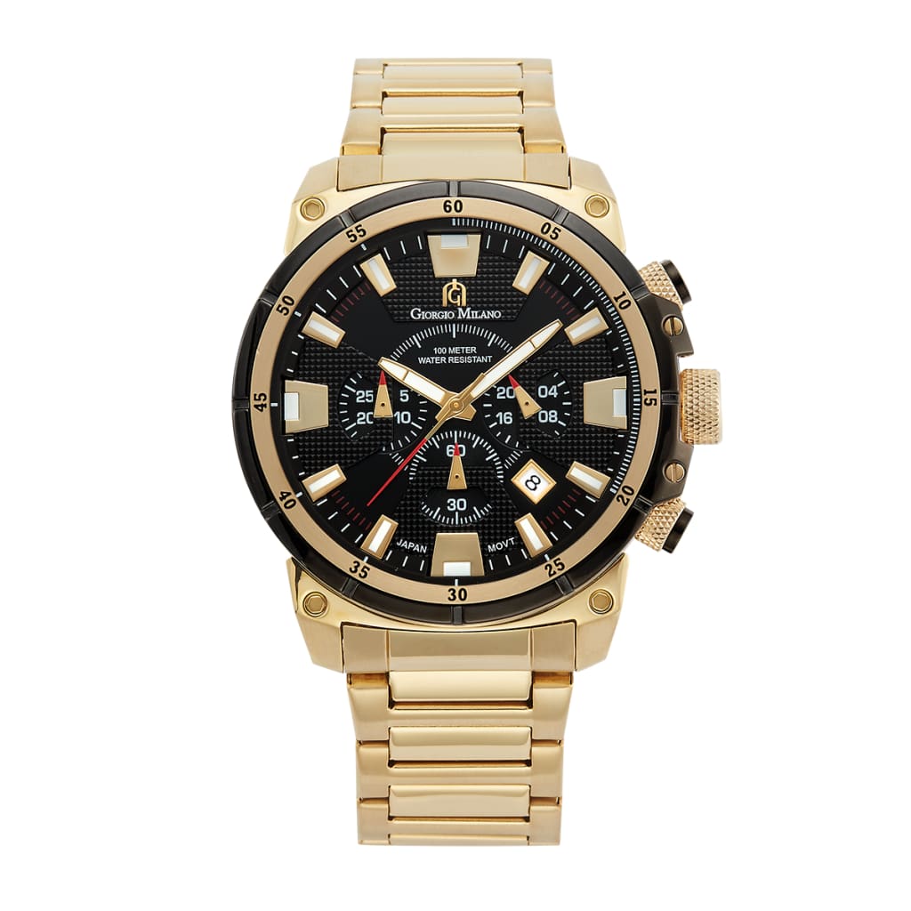 DANILO-206 (Gold/Black) gold link band and accents black dial chronograph analog face