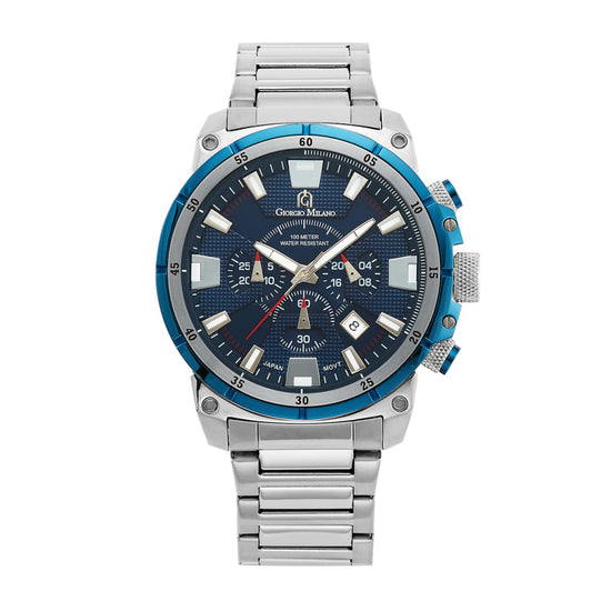 DANILO-206 (Silver/Blue) mens chronograph silver link band and accents navy dial blue bezel silver accents striking contrast