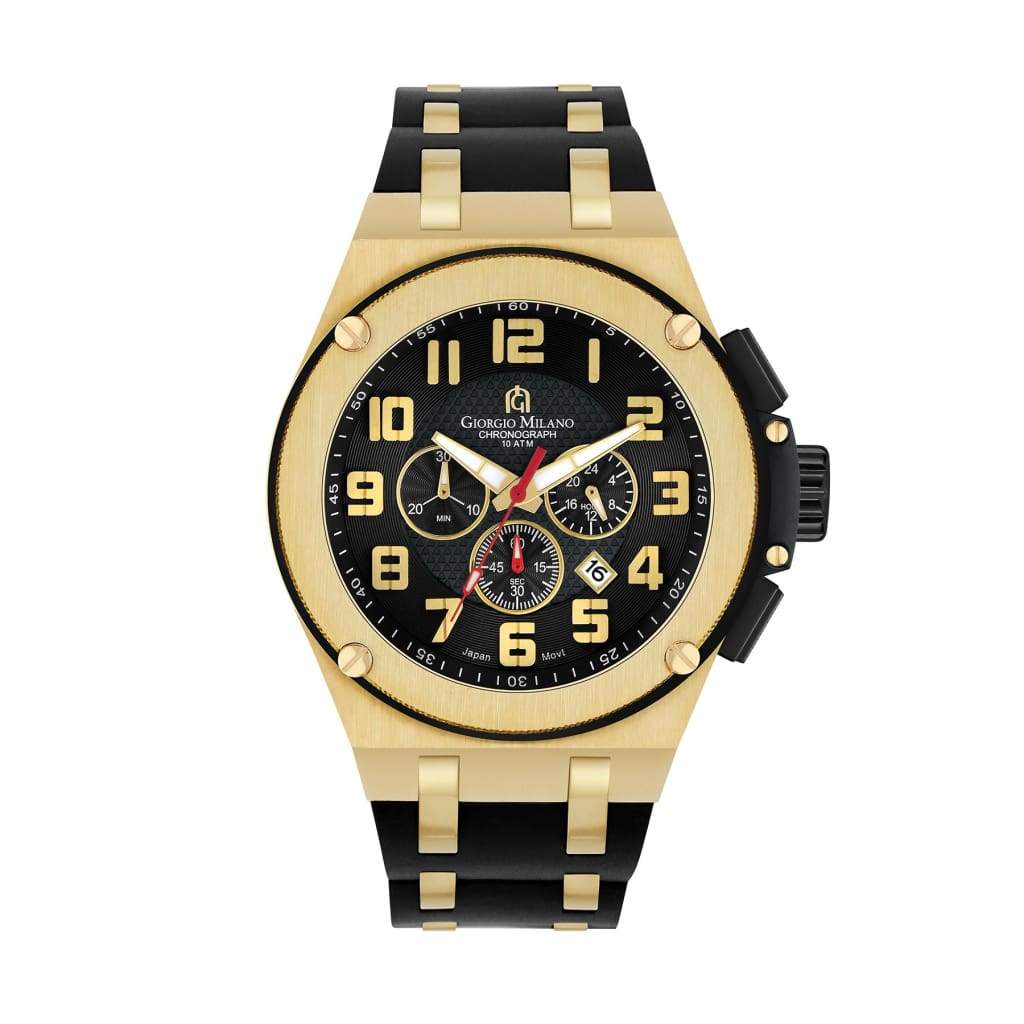 ERCOLE - 232 (Gold/Black) gold mens watch body dial details numerals custom strips black rubber strap watch face