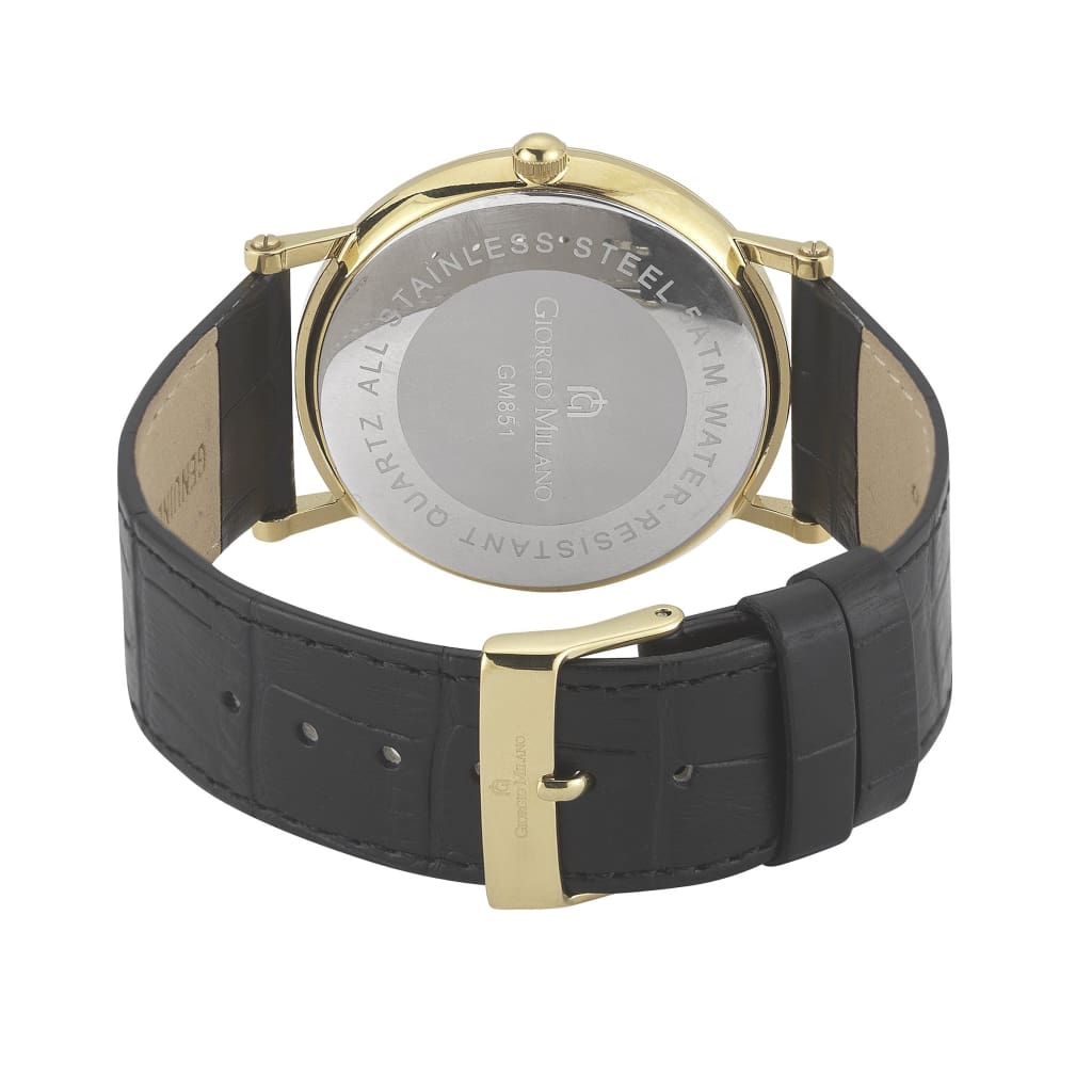 ESPIRITO - 856 rear view ss case gold watch body black leather strap gold buckle