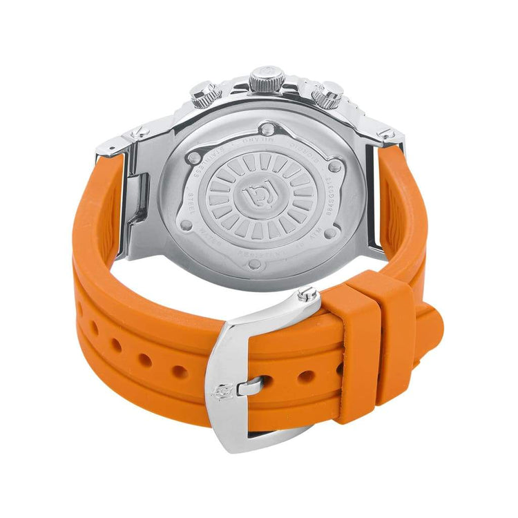 LEONARDO-884 orange silicon custom strap silver watch body and buckle double keeper rear view ss case
