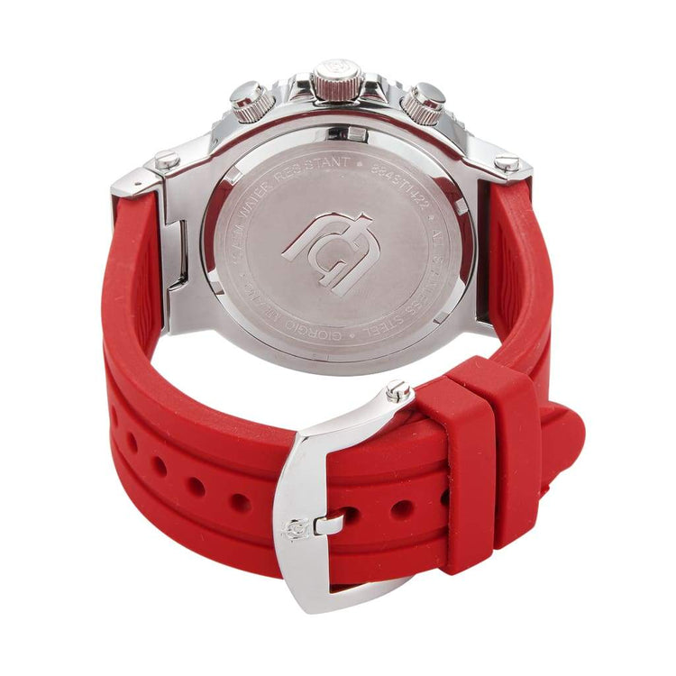 LEONARDO-884 red silicon strap double keeper silver watch body and buckle rear view ss case