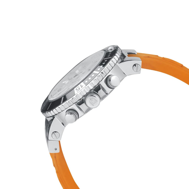 LEONARDO-884 orange silicon strap silver watch body crown button close up easy to use