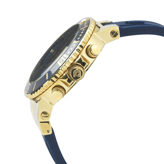 LEONARDO-884 gold watch body crown button side view blue strap and dial