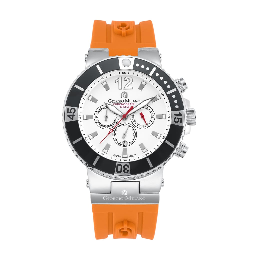 LEONARDO-884 (Silver/Orange) silver watch body black diver reminder bezel custom orange silicon strap