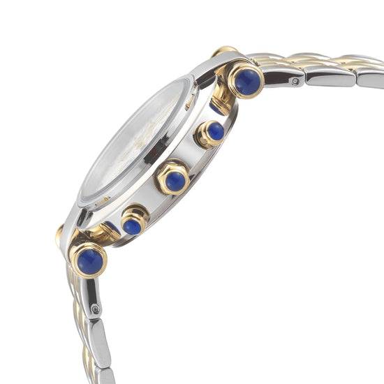 LUCIA-931 side view silver and gold women's watch w blue cabochons crown button