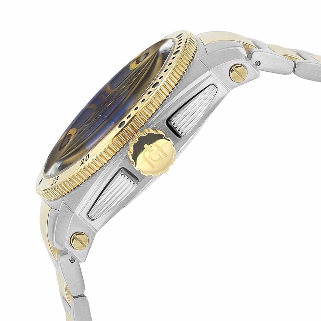 MASSIMO - 850 side detail gold ridged crown button easy to use gold bezel silver watch body