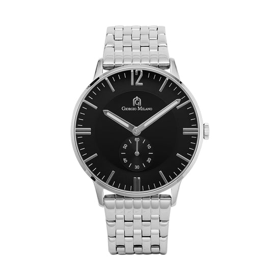 MAURO (Silver/Black) silver link band watch body accents contrasting black face