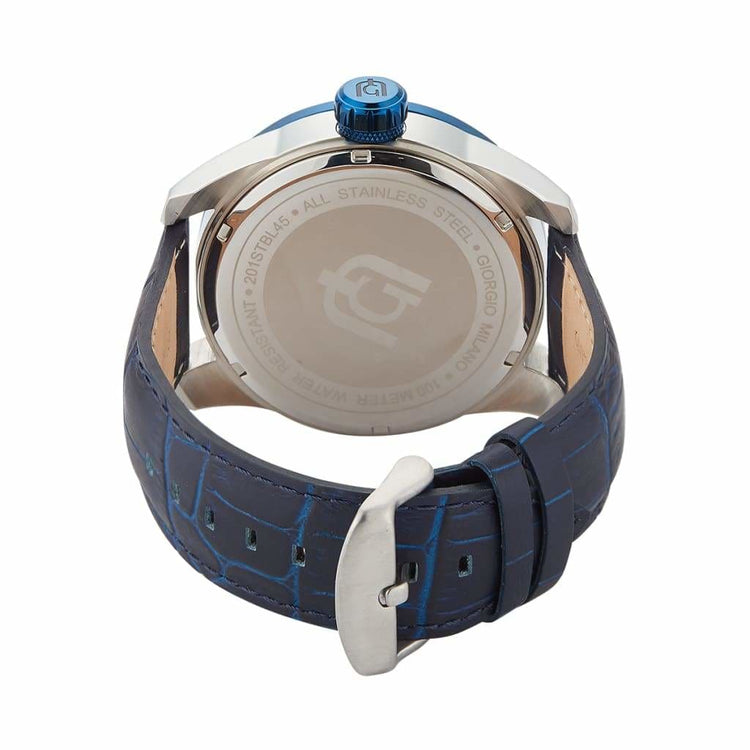 MONTE - 201 rear view ss case imprint blue strap genuine leatheer silver safety clasp