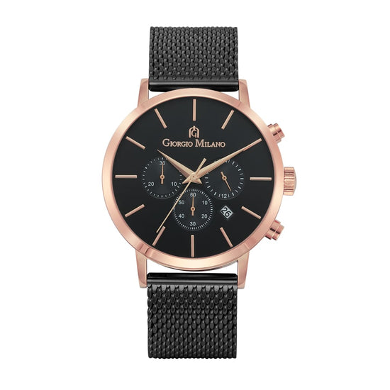 NOE (Black/Rose Gold/Black) classic black band and face w rose gold case and accents chronograph