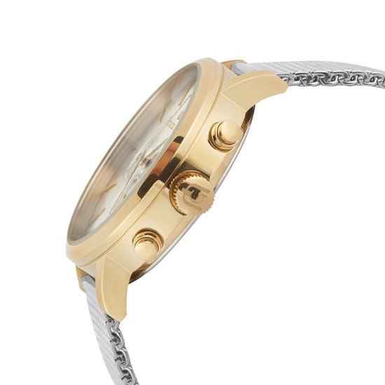 NOE - 216 side detail gold watch body ridged crown button silver mesh band
