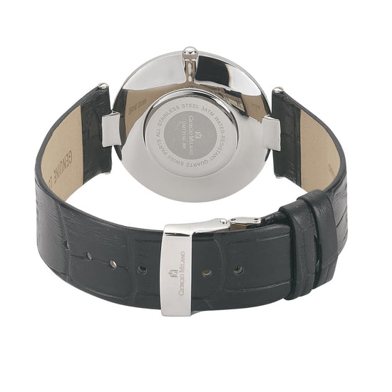 PALMIRO - 724 rear view ss case self winding imprint silver watch body black leather band silver buckle