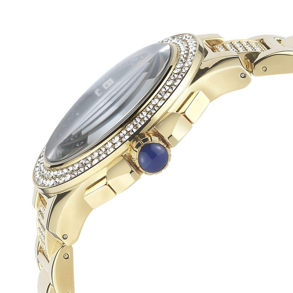 PRISCILL- 839 side detail gold w swarovski crystals blue cabochon crown button