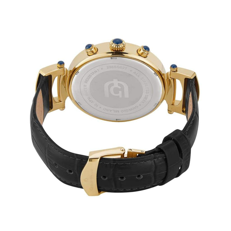 RENATO - 236 rear view ss case imprint gold watch body blue cabochons black leather strap gold buckle