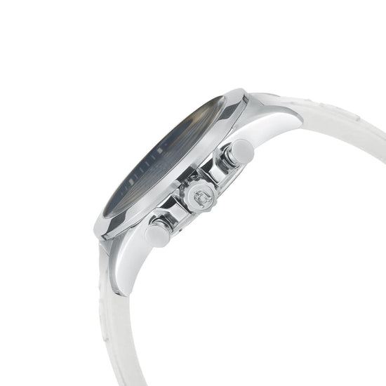 SAVIO 2.0 - 201 side detail white strap silver watch body ridged crown button