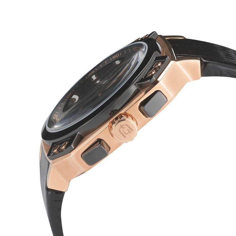 TEMPO - 886 side detail rose gold watch body and crown button black case and band