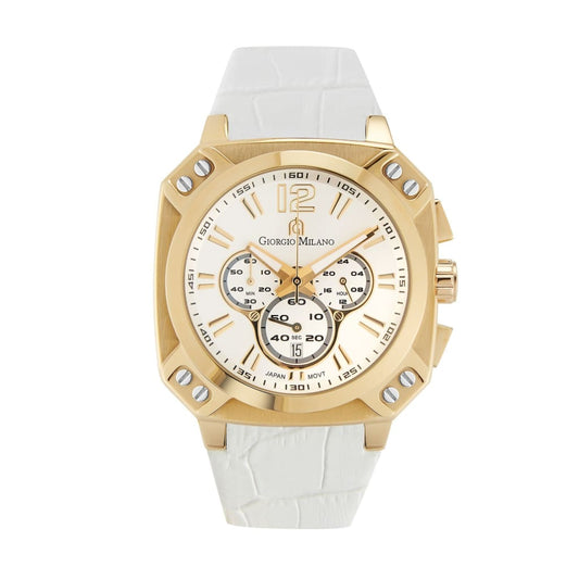 TEMPO (Gold/White) genuine white leather strap and dial w gold case chronograph