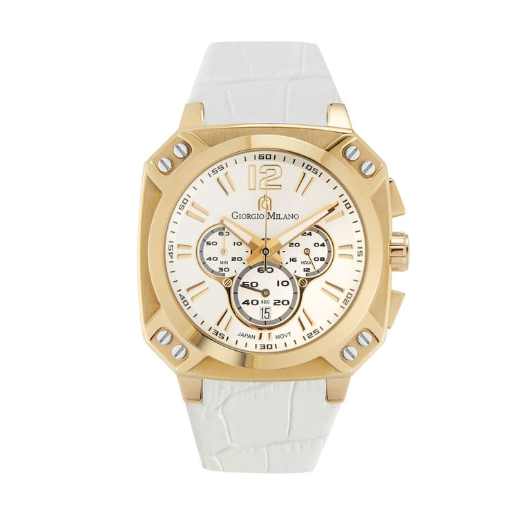 TEMPO (Gold/White) genuine white leather strap and dial w gold case chronograph