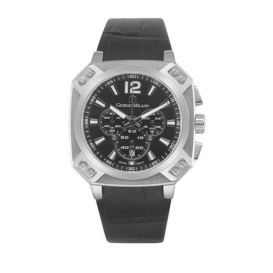 TEMPO (Silver/Black) black chronograph dial and leather strap silver case