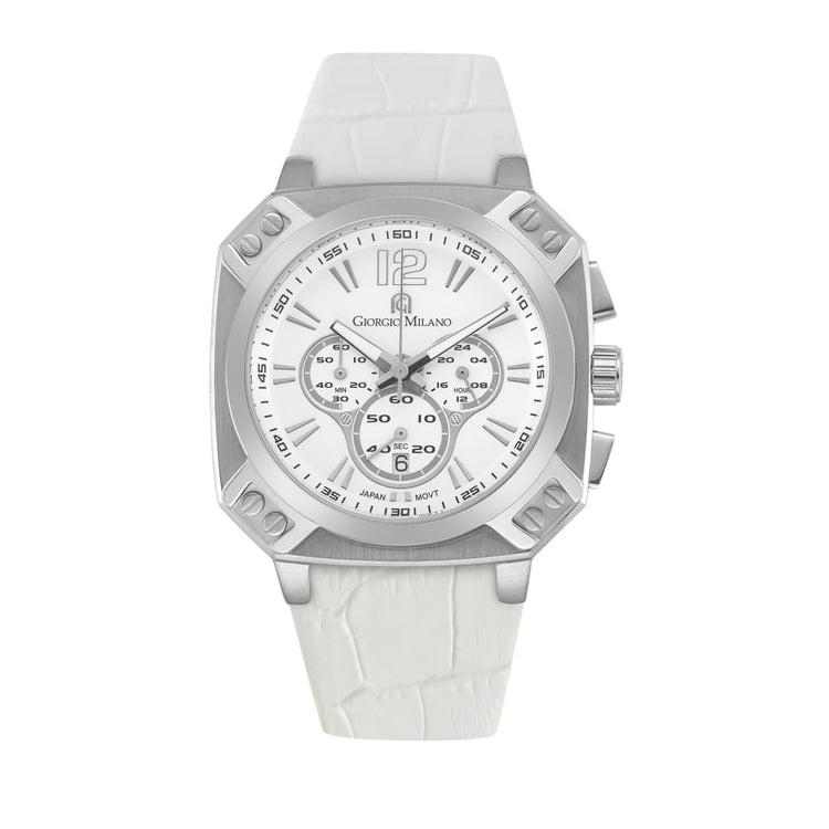 TEMPO - 886 (Silver/White) silver watch body and accents on white face and leather strap
